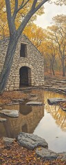 Autumnal stone structure by a reflecting pool