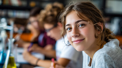 Focused student in a science lab with beakers visible and fellow students in background, all engaged in learning and discovery.