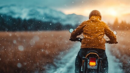 A biker braving the elements while riding through a snowy mountain landscape at sunset, capturing the exhilarating freedom and adventure of the open road in winter conditions.
