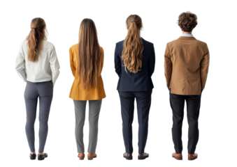 Four people standing in a row, back view