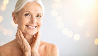Mature woman smiling gently while touching her face with a blurred bokeh background