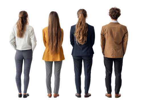 Four people standing in a row, back view