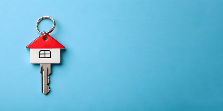 Silver house key with keychain on blue background