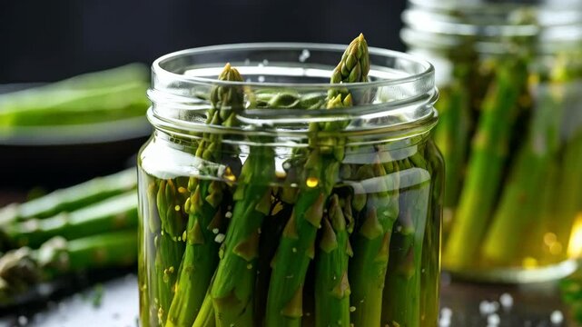 Green asparagus spears preserved in glass canning jar, showing pickling process, arranged on dark wood surface for food presentation.
