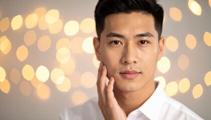 Portrait of a young man with short hair touching his face, surrounded by softly blurred warm background lights