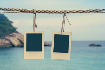 Ultra Hd Picture of Two Blank Vintage Instant Photo Frame Hanging on a Rope