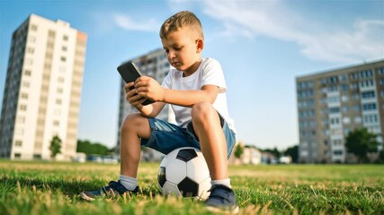 A child sitting on a soccer ball looks at his cell phone.Concept of digital addiction.he ignores everything around him.little boy kid son child play video game on mobile phone. - Powered by Adobe