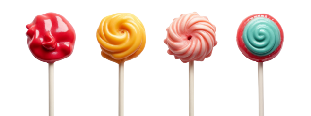 A row of four different colored lollipops