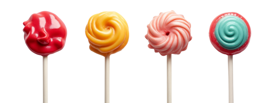 A row of four different colored lollipops