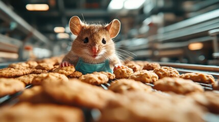 A charming mouse in a blue apron eagerly explores a workspace filled with freshly baked cookies, capturing the essence of whimsical culinary adventure and creativity.
