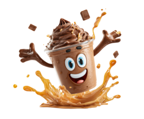 Cheerful chocolate smoothie character celebrating with splashes