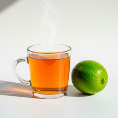 A hot tea glass and a shinny lime next it on white background