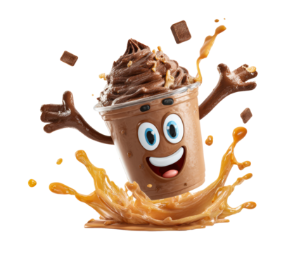 Cheerful chocolate smoothie character celebrating with splashes