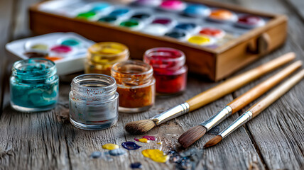 Close-up of art supplies: paints, brushes, and palette on rustic wooden background. Creative tools for painting and artistic expression.