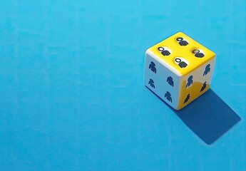A yellow and white die with people icons, sits on a vibrant blue surface