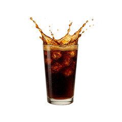 Splashing Cola with Ice Cubes in Glass on Transparent background