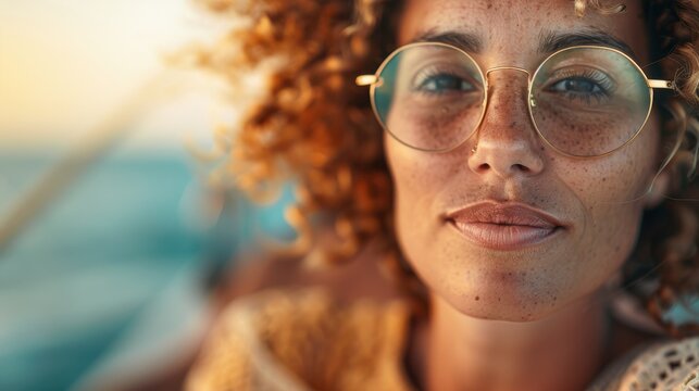A close-up portrait of a woman with curly hair, wearing glasses, smiling softly against a beautiful coastline backdrop, capturing a moment of joy and tranquility. - Powered by Adobe