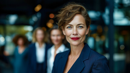Fototapeta premium Professional businesswoman smiles confidently while standing in front of a group of colleagues in a modern urban setting.