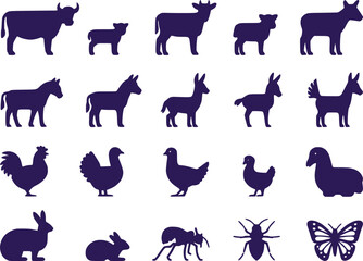 Farm Animal  Insect Silhouettes Icon Set Agriculture Nature Vector Graphics