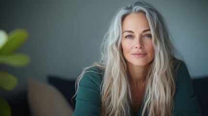 A striking portrait of a confident woman with beautiful silver hair, exuding elegance and grace against a soft, neutral background that enhances her natural beauty.
