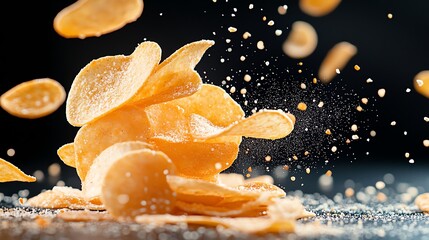 Crispy potato chips flying in the air with a sprinkle of salt, capturing a moment of delicious snack action.