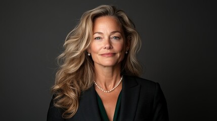 Fototapeta premium A poised portrait of a confident businesswoman with elegant hair and professional attire, exuding competence and sophistication against a dark background that enhances her presence.