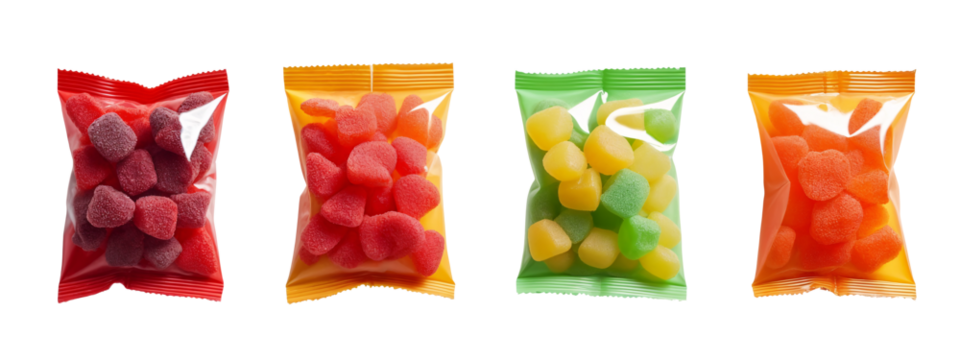 A row of four bags of gummy bears