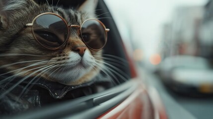 This image showcases a fashionable cat wearing sunglasses, enjoying the breeze while sitting in a car window, embodying a sense of coolness and adventure.