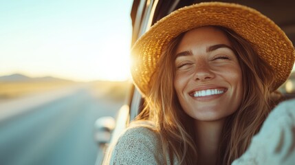 A joyful woman smiles brightly while wearing a straw hat, capturing the essence of happiness and freedom as she enjoys a sunny day on a picturesque road trip.