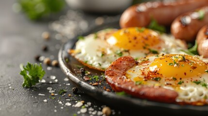 A mouth-watering breakfast plate showcasing fried eggs and sausages, garnished with herbs, representing indulgence and culinary delight in morning routines.