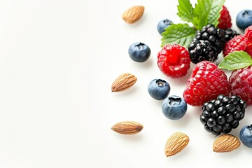 Vibrant Color Picture of Fruit Berry with Almond on White Background and Text Space