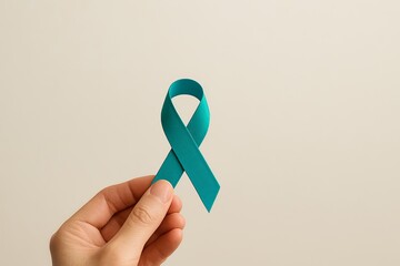 Teal Ribbon in Hand. Hand holding teal awareness ribbon, neutral background, concept of PTSD, sexual assault or ovarian cancer awareness.