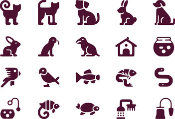 Pet Animal Silhouettes Icon Set  Cats Dogs Fish  Small Animals Vector