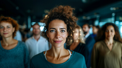 Obraz premium Group of diverse professionals gathered indoors, showcasing unity and technology in a contemporary business environment.