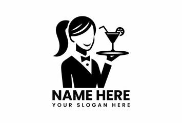 Stylized black vector logo of a smiling waitress holding a tray with a cocktail. Hospitality concept