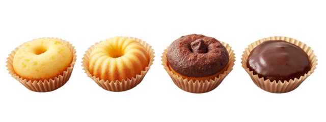 A row of three cupcakes sitting next to each other on a white surface.