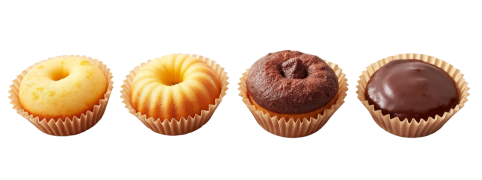 A row of three cupcakes sitting next to each other on a white surface.