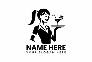 Stylized black vector logo of a smiling waitress holding a tray with a cocktail. Hospitality concept