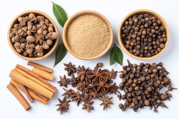 Assorted spices in wooden bowls and on a white surface