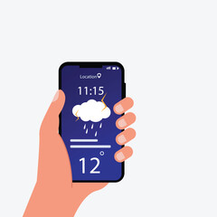 Hand holding smartphone rainy weather forecast on the phone screen with a weather forecast icon vector illustration.