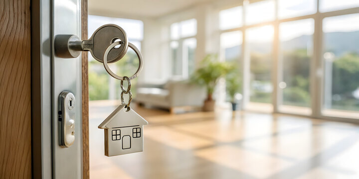 Key with house keychain in door lock