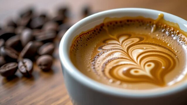 A cup of coffee with intricate latte art sits on a wooden surface beside scattered coffee beans.