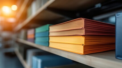 A beautifully arranged collection of colorful book spines on a wooden shelf, inviting viewers to explore the stories contained within and reflecting a love for reading and literature.
