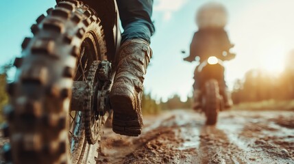A dynamic scene of a motorcycle rider navigating a muddy path, showcasing adventurous spirit and rugged terrain, highlighted by the backdrop of a sunlit outdoor environment.