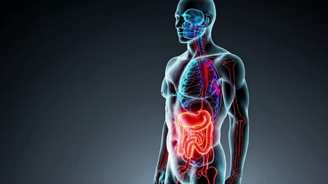 Medical illustration highlighting the digestive system in orange within a transparent male body, featuring blue and red lungs and a red skeletal structure against a dark gray background