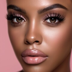 Naklejka premium Close-up portrait of a woman showcasing beauty and makeup artistry on a pink background.