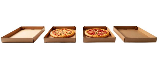 Three different views of a pizza in a cardboard box.