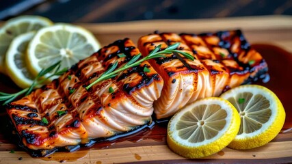 Grilled salmon fillets glazed with sauce, garnished with rosemary and served with fresh lemon slices on a wooden board. - Powered by Adobe