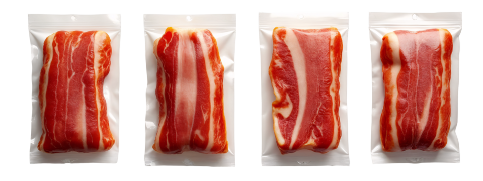 A set of four different views of a piece of bacon in a plastic bag.