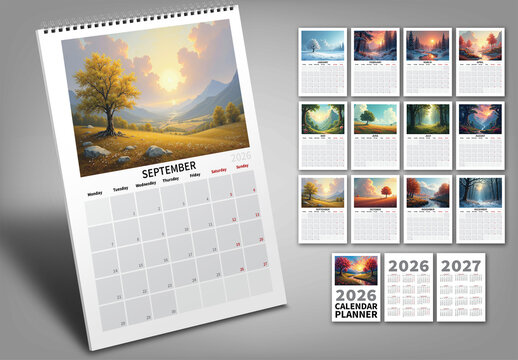 2026 Vertical Wall Calendar Scheduler CG Landscape, with Generative AI Illustration